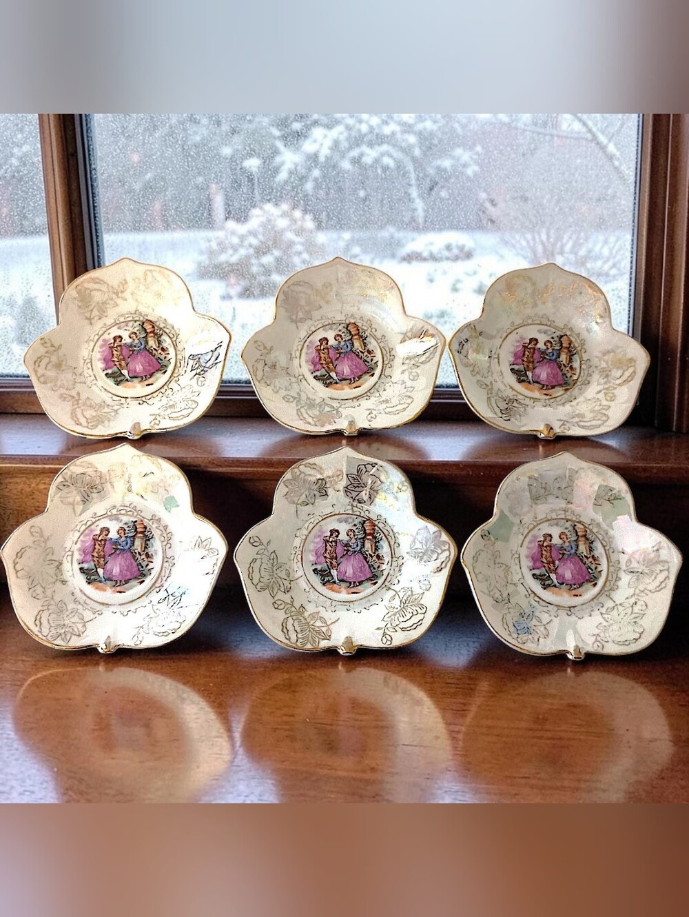 6 Lustreware Courting Couple Demitasse Saucers Gold Gilt Porcelain Leaf Shaped